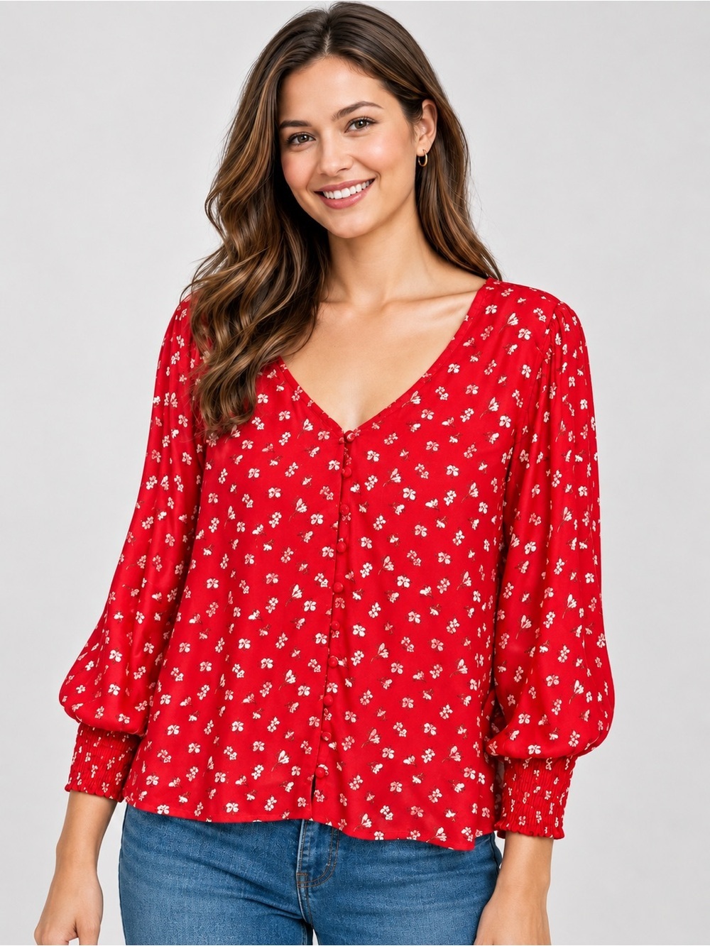 Sanctuary Harmony Balloon Sleeve Wildflower Red Floral Top Blouse XL